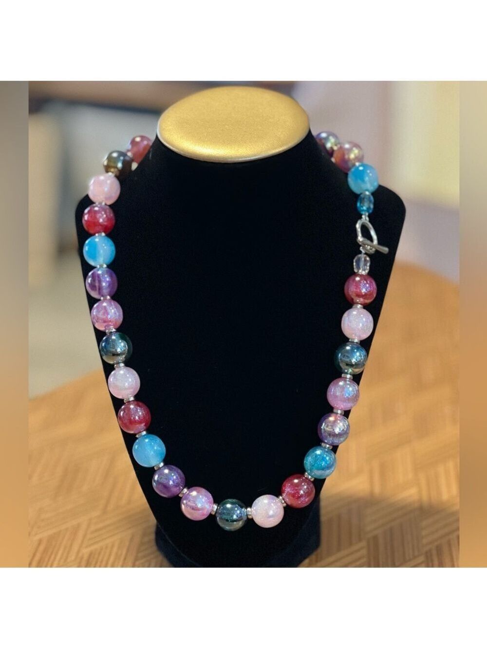 Red and Pink Beaded Necklace with Translucent Beads & Toggle Clasp  (Handmade)